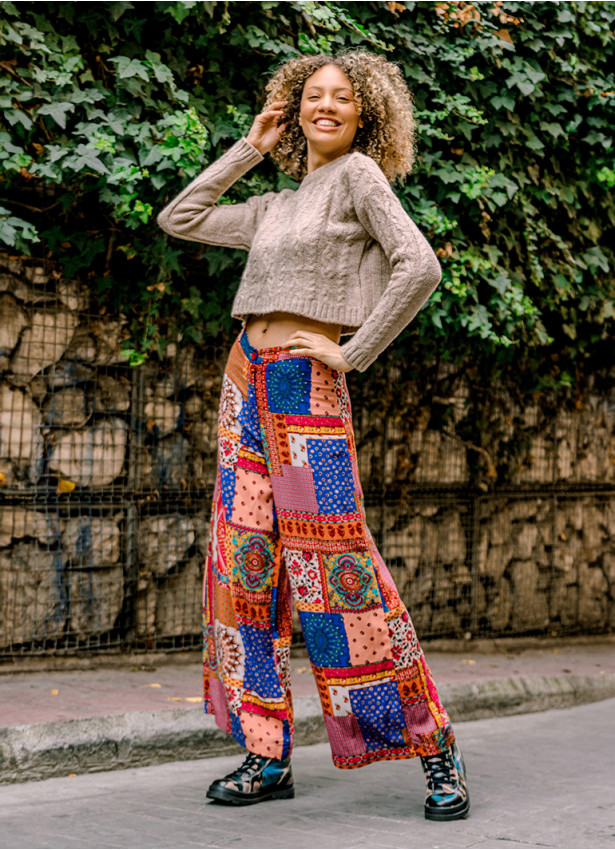 Palazzo Yüksek Bel Bol Kesim Kırmızı Desenli Pantolon 6580